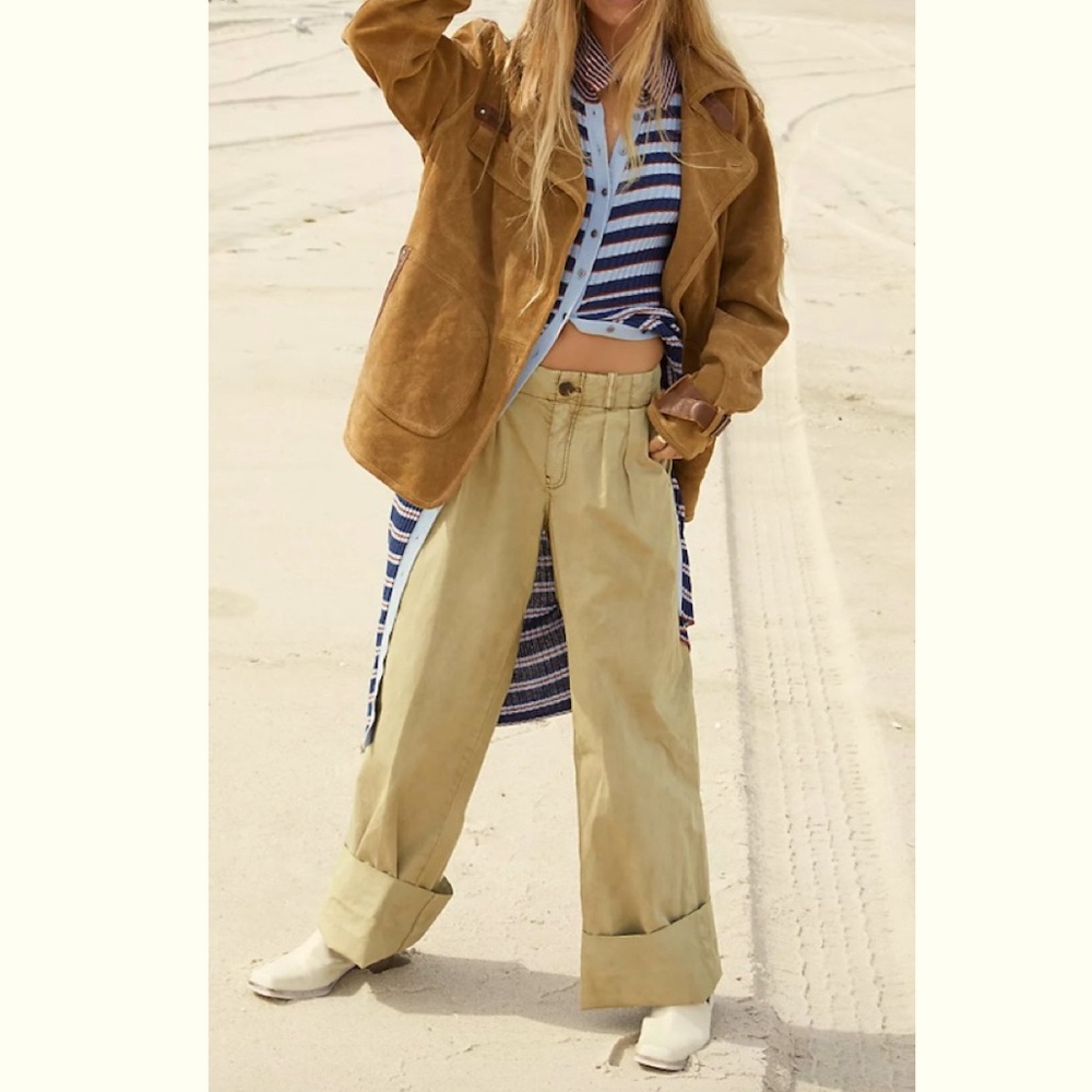 Free People Marina Low Rise Pleated Cuffed Hem Wide Leg Washed Trouser Pants - Picture 16 of 16